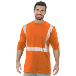 Bayside Hi-Vis 50/50 Long Sleeve Pocket Crew Tee Segmented Striping