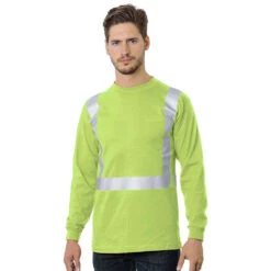 Bayside Hi-Vis 50/50 Long Sleeve Pocket Crew Tee Solid Striping